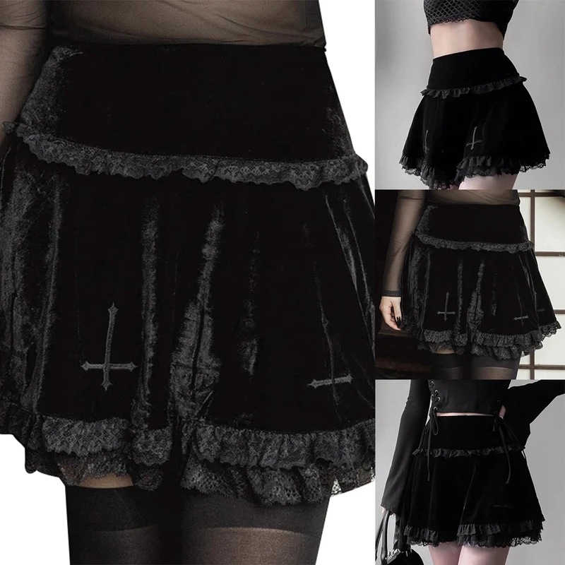 

Goth Black Skirt Vintage Lace Trim A-Line Mini Skirt Gothic Grunge High Waist Ruffle Summer Skirt Women