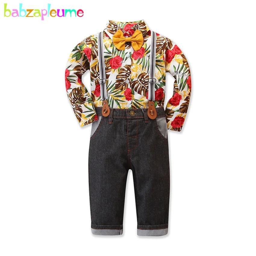 

2Piece Spring Fall Toddler Outfits Baby Boy Clothes Fashion Print Gentleman Bow Kids Shirt+Jeans Children Clothing Set BC2135