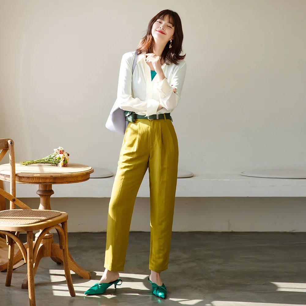 2020 Casual pencil pants female new spring summer temperament commute was thin waist bright linen trousers female feet pants