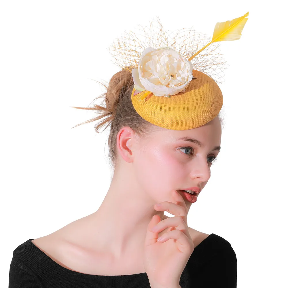 

Yellow Mesh Fascinator Hat With Headwear Lady Flower Hair Accessories Formal Dress Wedding Headpiece Hair Pin Women Fedora Cap