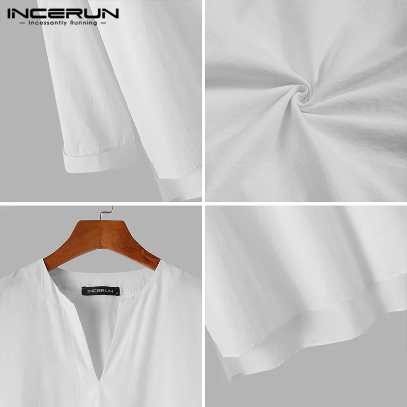 

Long Sleeve V Neck Casual Shirts INCERUN Men Solid Color Dress Shirts Male Stylish Loose Blouse Leisure Cotton Camisa Plus Size