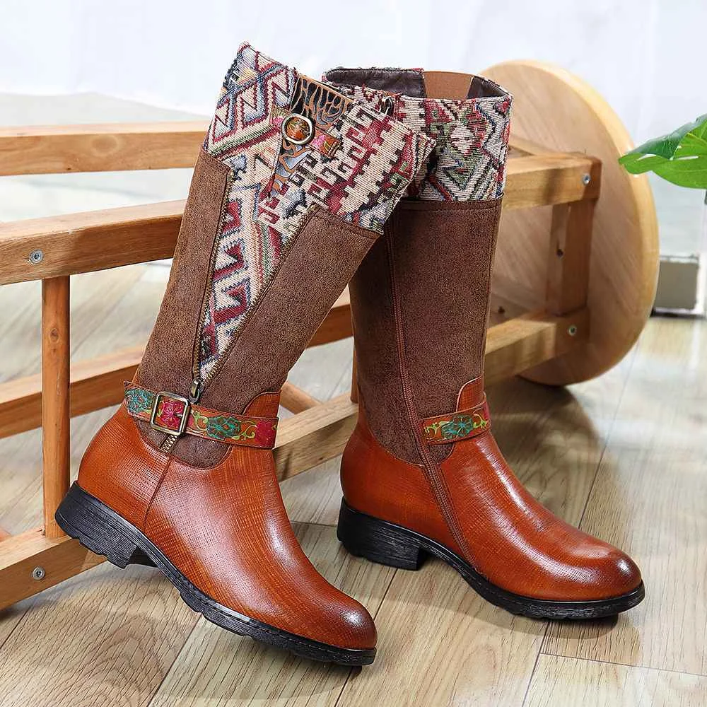 SOCOFY Botas mujer; ботинки из натуральной кожи с квадратным узором; ботинки до середины икры на мягкой плоской подошве; обувь на каблуке; женская зимняя обувь