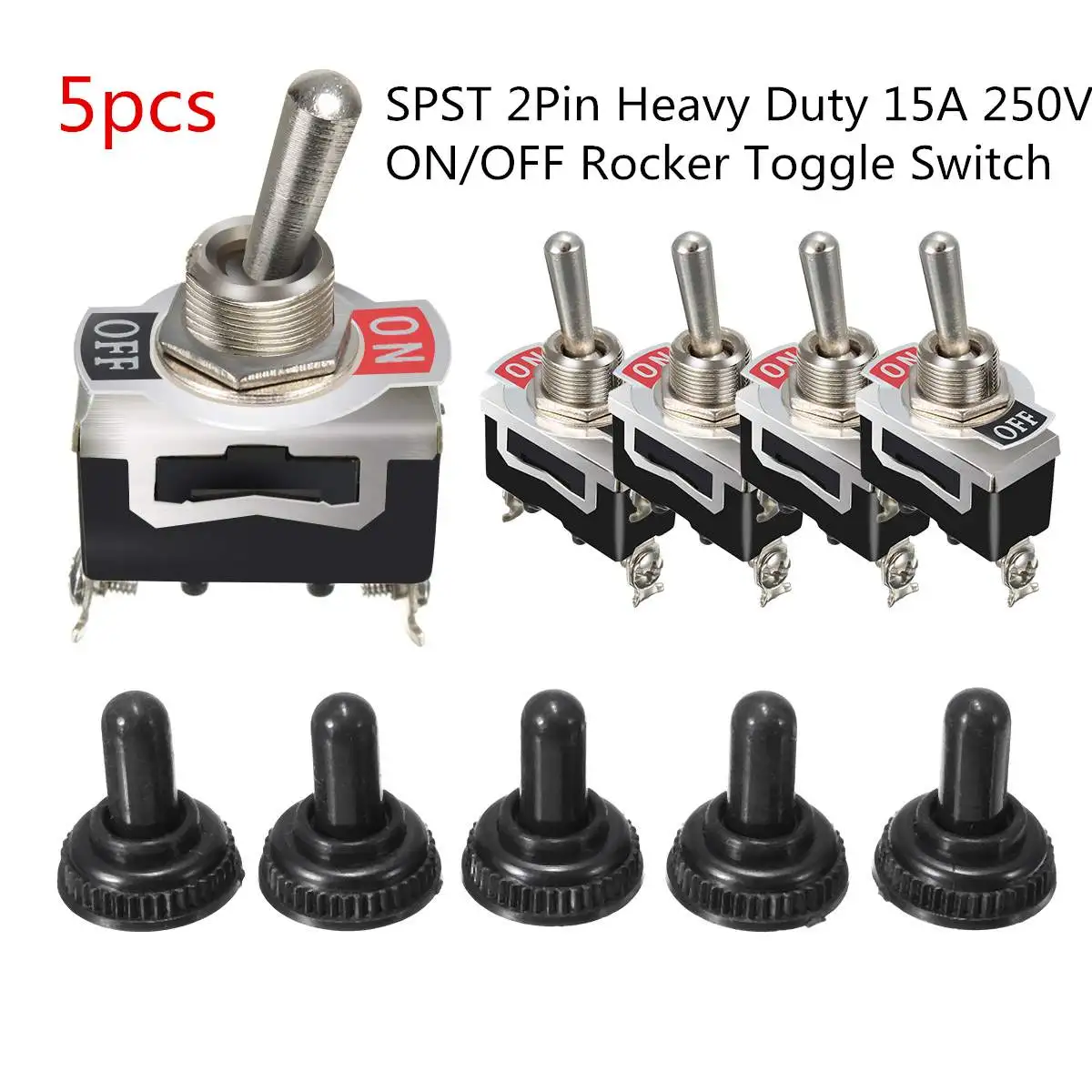 

5Pcs SPST 2Pin Heavy Duty Waterproof Boot Toggle Switch Rocker Switch 15A 250V ON/OFF Rocker Toggle Switch