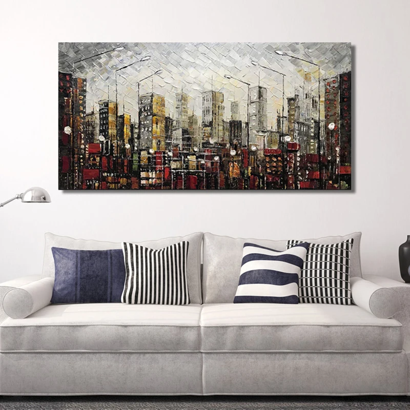 

Handmade Oil Painting For Living Room Modern Abstract Wall Canvas Pictures City Build Large Wall Paintings 2020 New Hot Sale