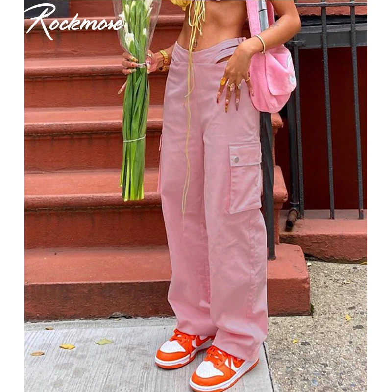 

Rockmore Baggy Cargo Pants Women High Waist Trousers Casual Pockets Harajuku Korean Pink Cute Wide Leg Joggers Streetwear Loose