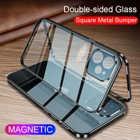 square edge metal bumper double sided glass case for iphone 12 mini 11 pro xs max x xr luxury magnetic 360 full protective cover