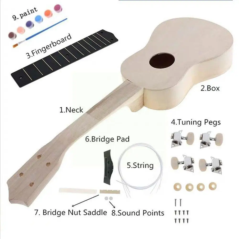 

21 Inch Heart Shape Hole Soprano Ukulele Diy Kit Basswood Manual Handwork Guitar Hawaii Painting Accessories Assembly Ukele U3h6