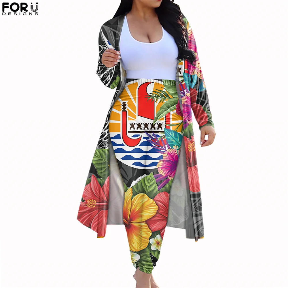 

FORUDESIGNS Women Two-Piece Suit Tahiti Hawaii Tropical Flower Style Long Tops Cardigan & Slim Pants Fashion Holiday Clothing