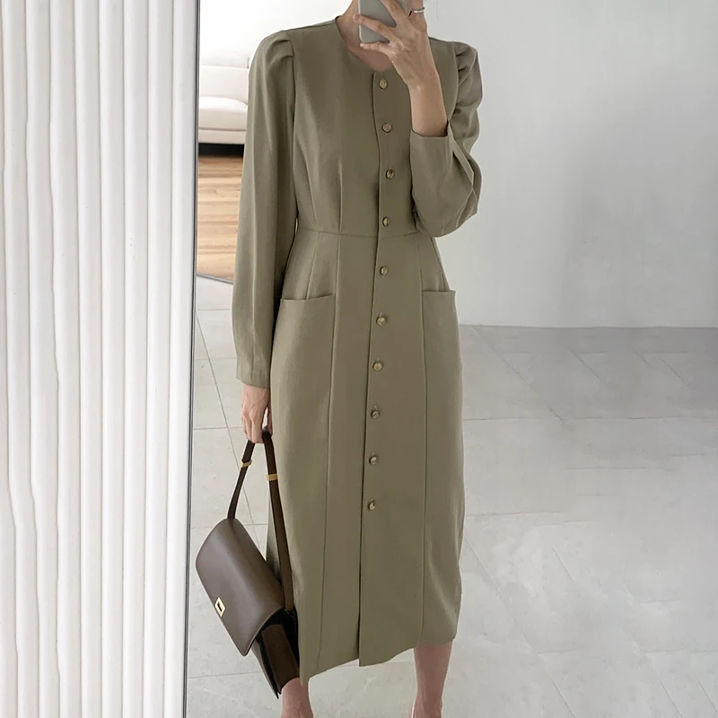 

2020 Autumn Winter Long Shirt Dress Long Sleeve Single Breasted Slim A-line High Waist Ladies Dress Minimalist Dresses Elegant