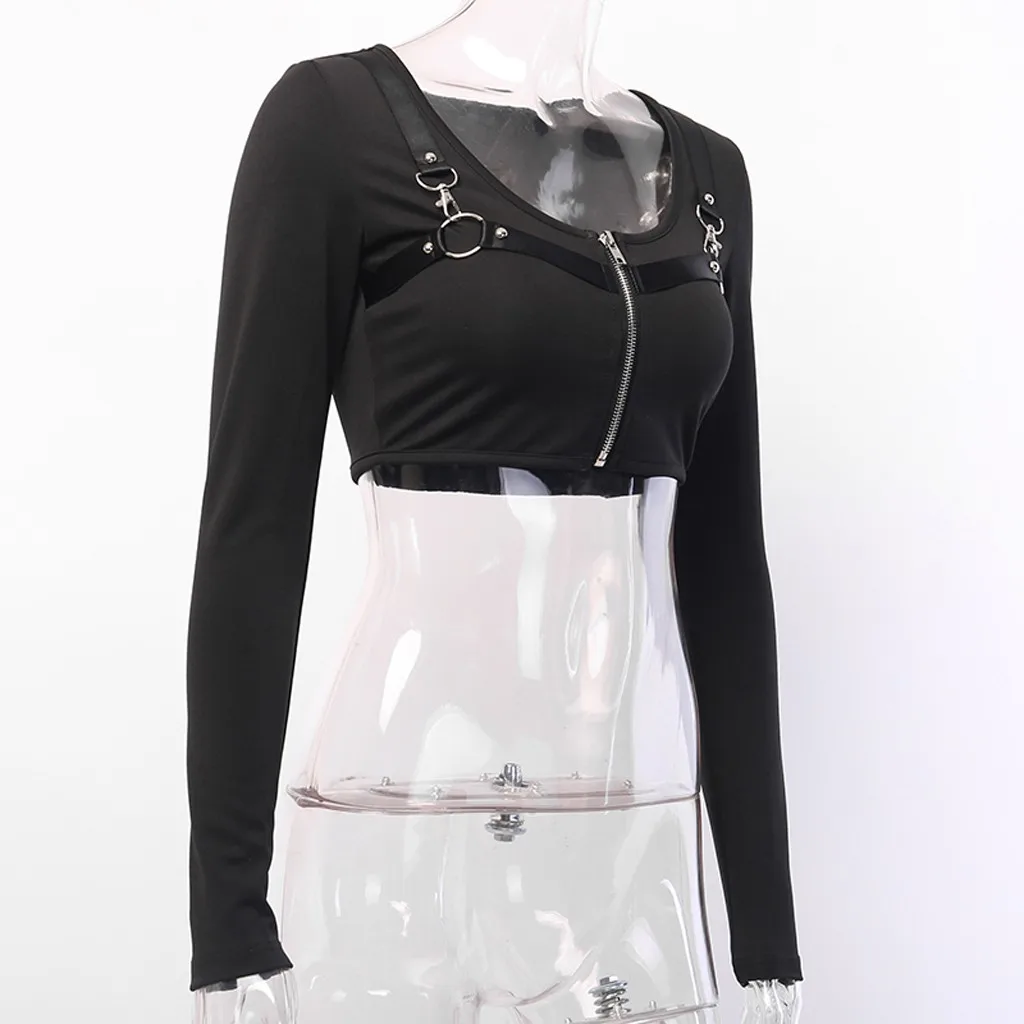 Модные женские облегающие Топы в стиле панк с длинным рукавом однотонные топы на