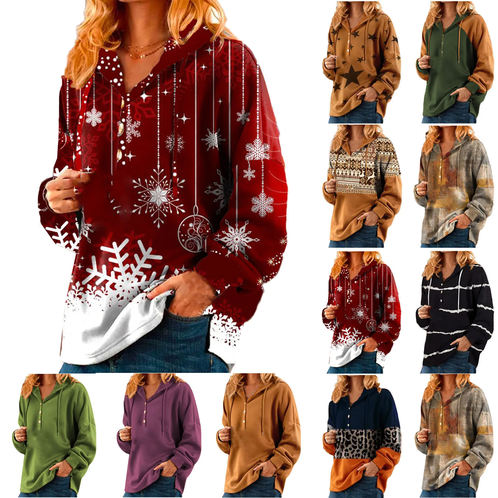 

Women Hood Button Sweatshirts Winter Spring Cap Big Large Plus Sizes Ladies Turtleneck Pullovers Hooded Shirts T Shirt