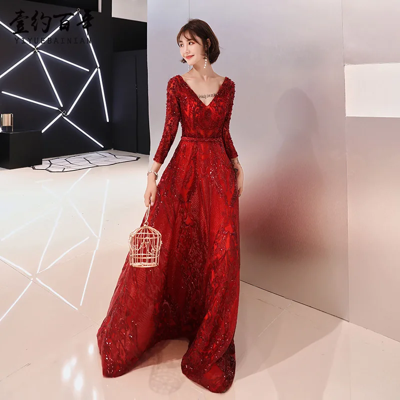 Long Sleeve Dress Роскошное блестящее платье невесты с блестками, женское бордовое Бандажное платье с v-образным вырезом, элегантное вечернее платье, сексуальное кружевное Сетчатое женское длинное платье Vestidos - Цвет: Long Sleeve Dress