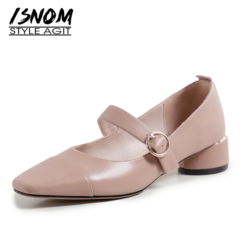 

ISNOM 2021 New Woman Mary Janes Flats Shoes Genuine Leather Flats Square Toe Shallow Flats Chunky Heel Sweet Girl Casual Shoes
