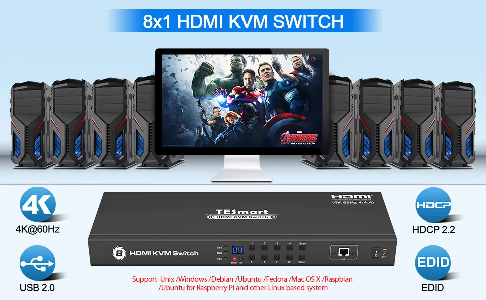4K HD KVM коммутатор 8 портов HDMI коммутатор до 4K@ 60Hz Ultra HD Поддержка USB2.0 IP управление Автоматическое сканирование Rackmount с 4 шт. KVM КАБЕЛЬ