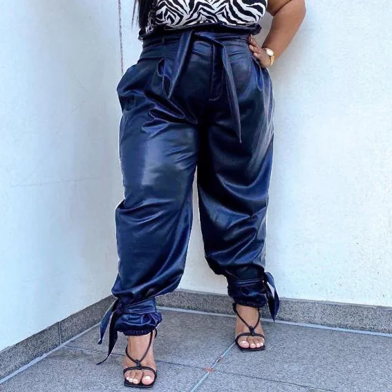 

Женские брюки с высокой талией, большие размеры, свободные брюки, простые синие Осенние новые модные штаны с высокой талией, брюки размера п...