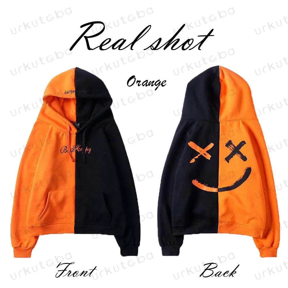 Black and orange Мужские толстовки, свитшоты счастливый улыбающийся принт лица мужские лоскутные толстовки с капюшоном длинным рукавом Пуловеры Джемперы и толстовки - Цвет: Black and orange