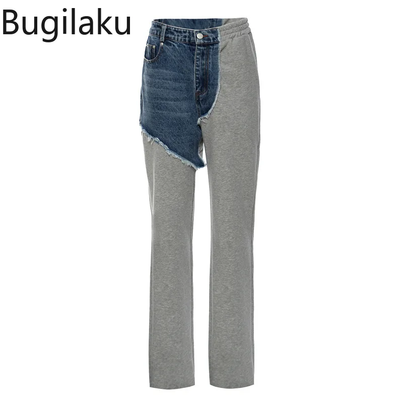

Bugilaku Patchwork Straight Irregular Denim Jeans Women All-match Zipper Slim Button High Waist Pantalones Female Streetwear