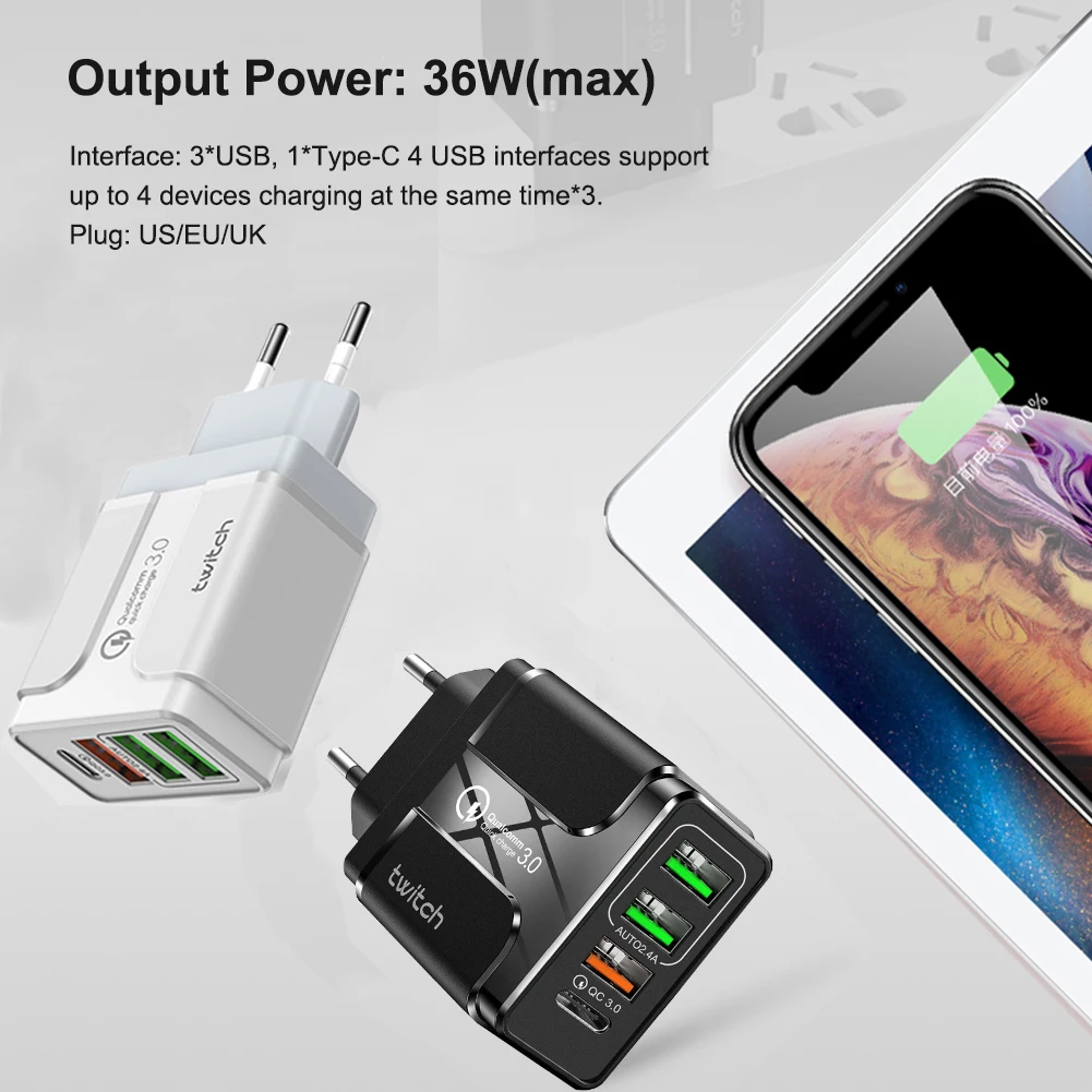 

QC3.0 Power Adapter AC100-240V 36W Portable Charging Adapter 4 USB Ports Plug Adapter