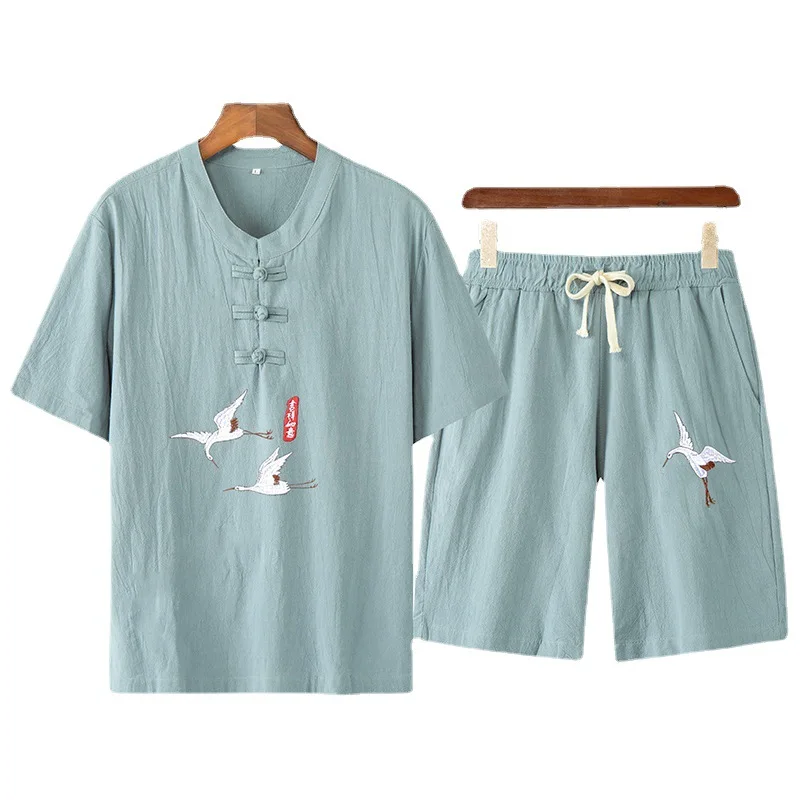 

Men's Sets Cotton Linen Clothing 2021 Spring and Summer Short Sleeve Tshirt Two Sets Chinese Style 6 Colors C2371