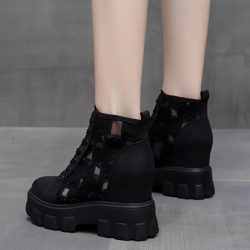 

Pop Nice Autumn Hollow Out Canvas Ankle Boots for Women Round Toe Lace Up Hidden Heels Shoes Woman Chunky Platform Booties