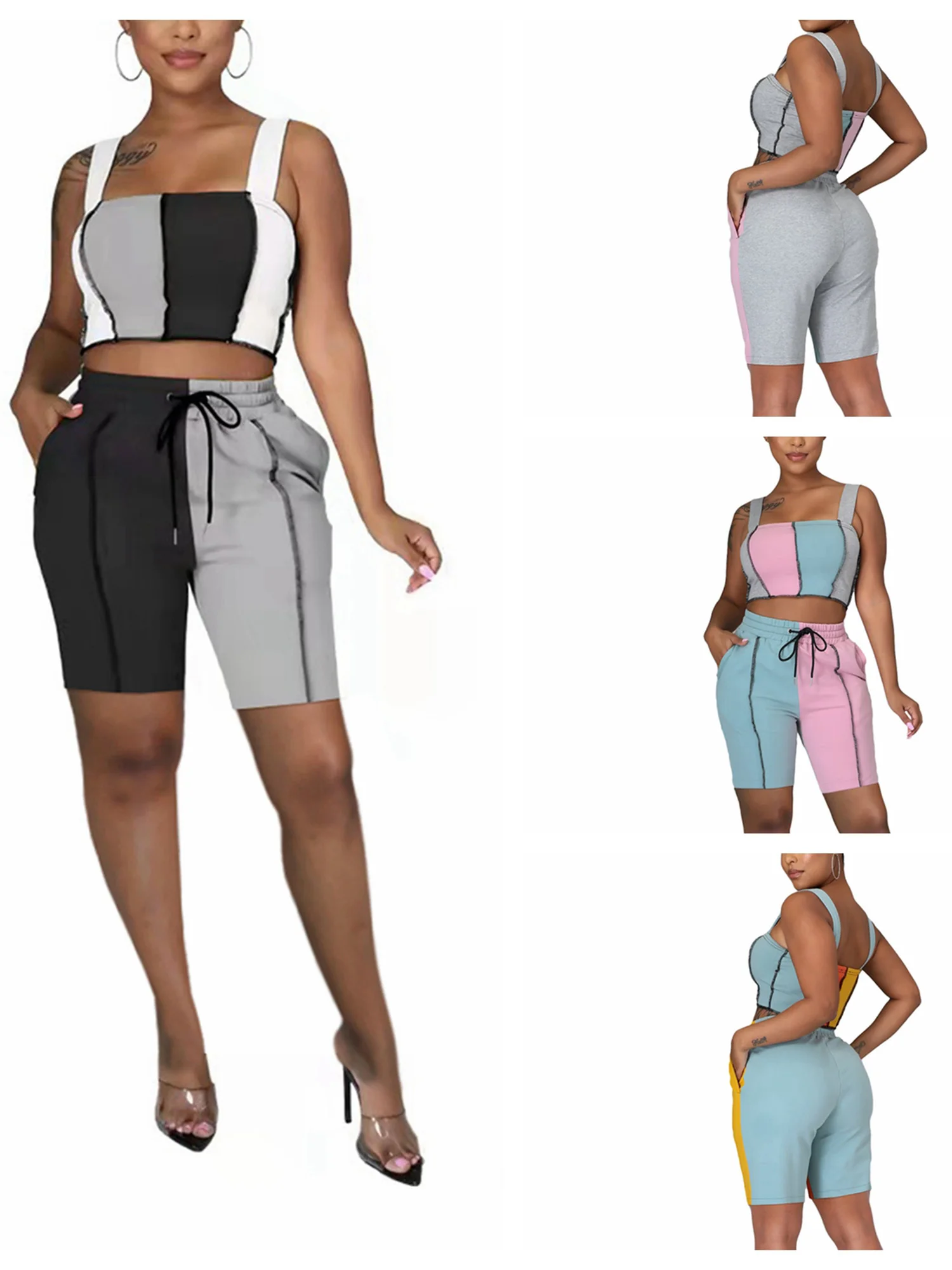 

2Pcs Women Summer Tracksuit, Match Color Slim Crop Tops + Drawstring High-Waist Shorts for Girls, 4 Colors