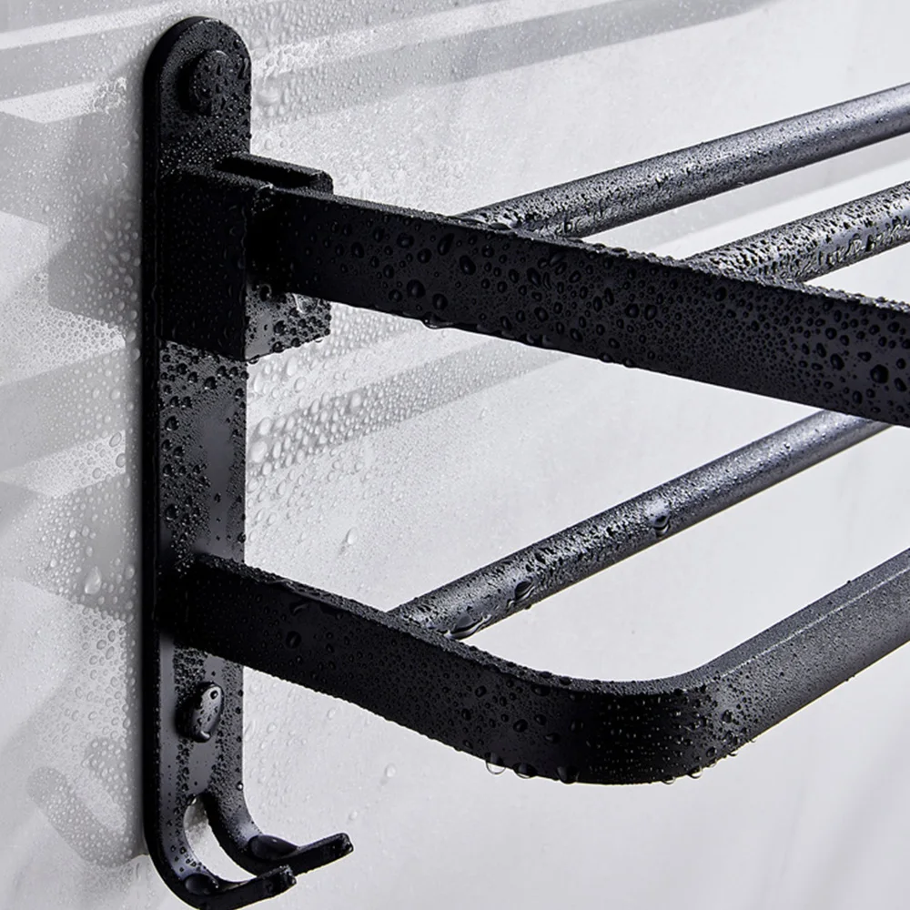 

Aluminum Black Towel Rack Wall Mounted Folding Towel Holder Storage Shelf Bathroom Accessories Foldable Sundries Storage Shelf