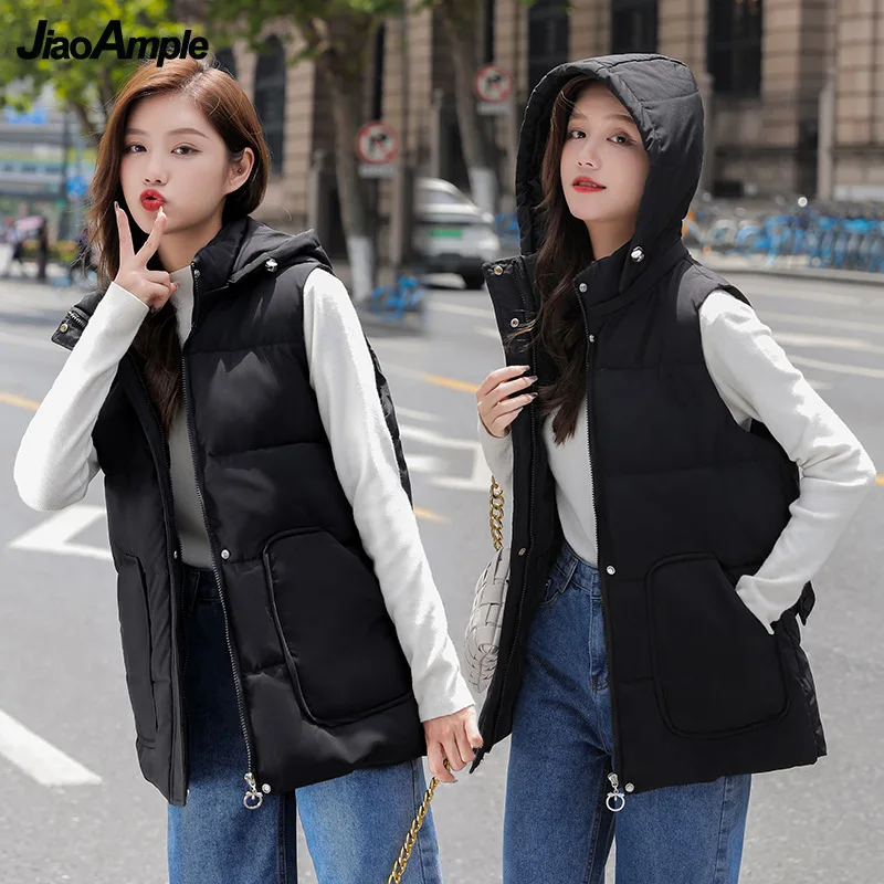 2021 Autumn Winter Cotton Vests Women Korean Sweet Student Casual Hooded Sleeveless Jacket Coats Lady Fashion Joker Pink Outwear