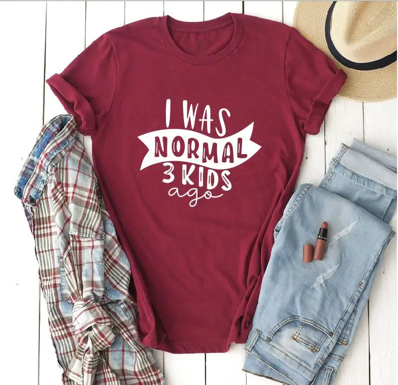 wine red white words Рисовый дизайн, футболка с надписью «I Was Normal Three Kids Ago», забавные женские футболки с надписью «Mom Life», женские футболки на День Матери - Цвет: wine red white words