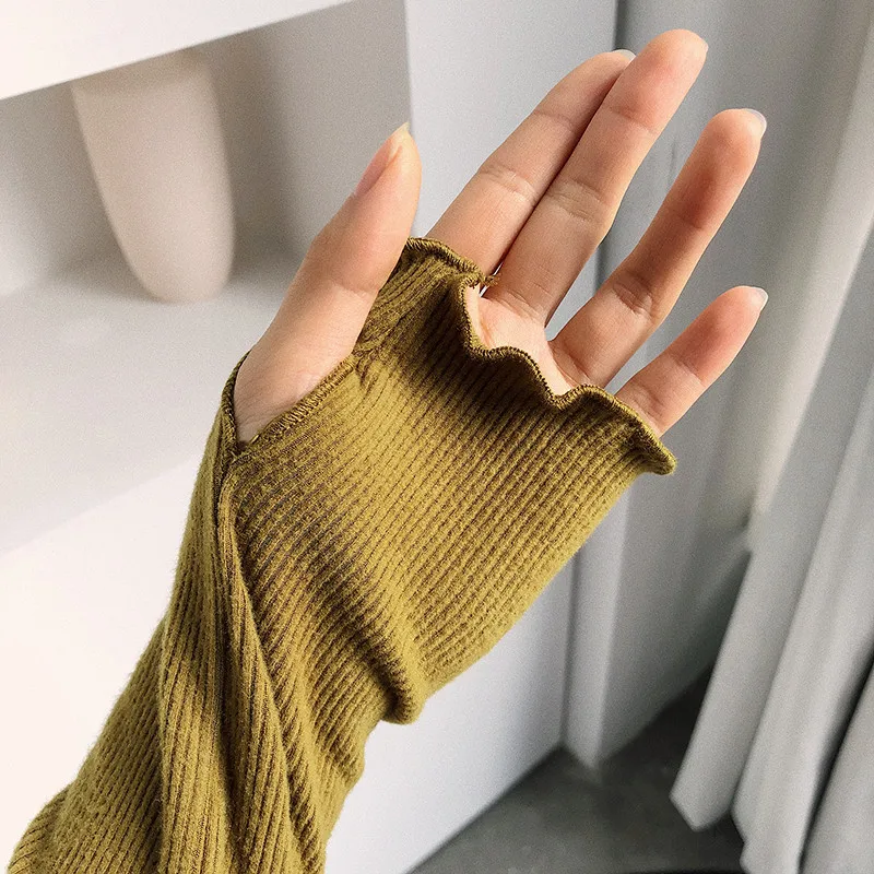 

Spring new fashion wind turtleneck fleece fungus long sleeve T-shirt women, solid color sexy slim fingerless T-shirt girl style