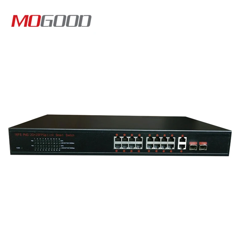 MoGood 16 портов PoE 100M коммутатор, 2 порта 1000M uplink, для CCTV IP poe камеры 250 метров дальность передачи