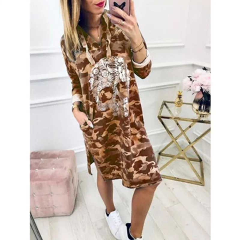 

Autumn Winter Women's New Casual Camouflage Skull Print V-Neck Suspender Long Sleeve Hoodie Loose Medium Long Large Dress