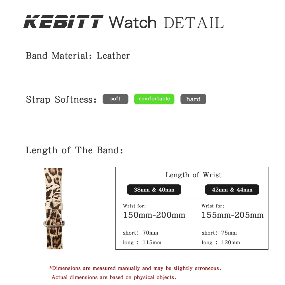 Ремешок Kebitt кожаный для Apple Watch 42 мм 38 40 44 цветной браслет с леопардовым принтом