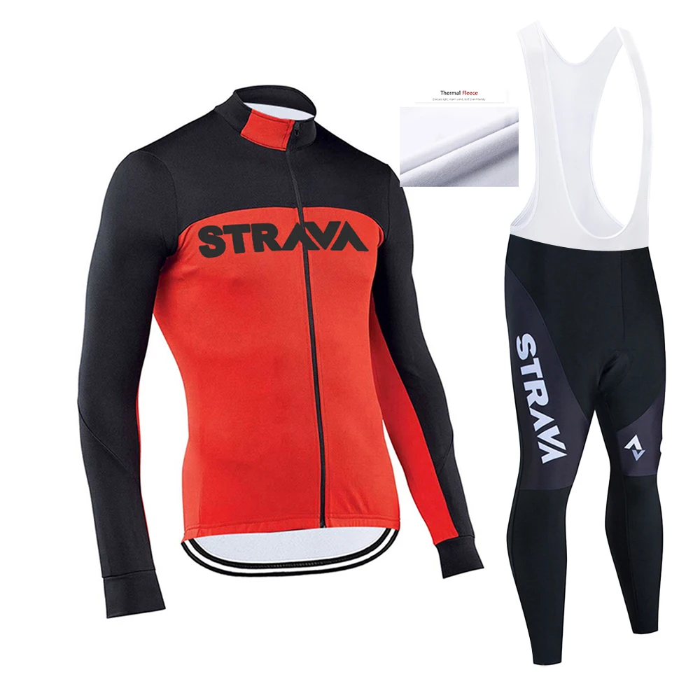 

STRAVA Winter Thermal Fleece Cycling Jersey Set Men's Outdoor Riding Bike MTB Ropa Ciclismo Bibs Long Pants Set Warm Clothing