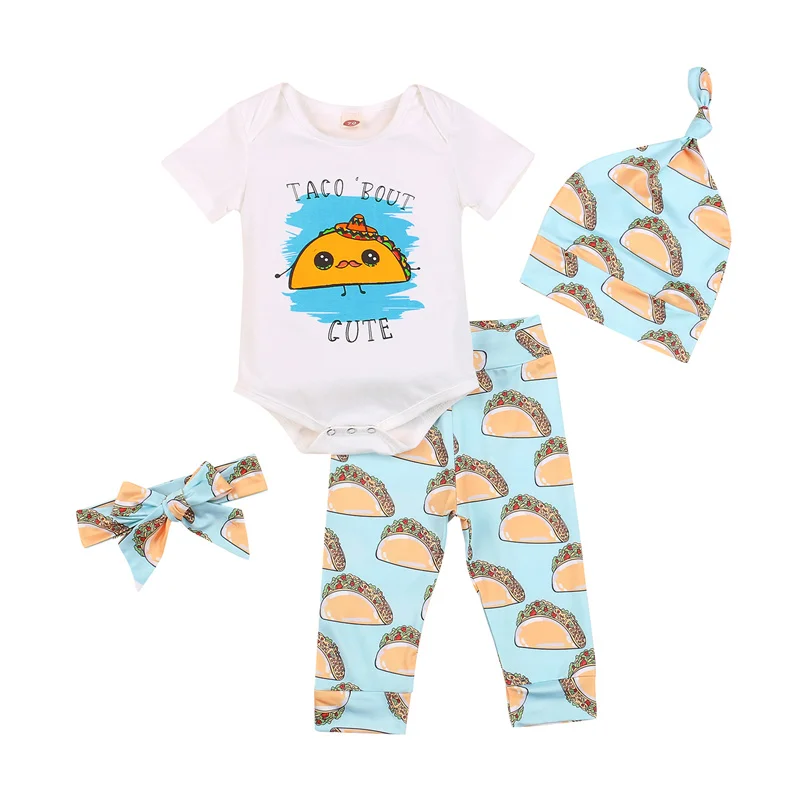 

4Pcs Baby Boys Girls Cotton Clothes Sets,Toddler Infant Short Sleeve Breathable Cartoon Print Romper+Pants+Hat+Headband Set