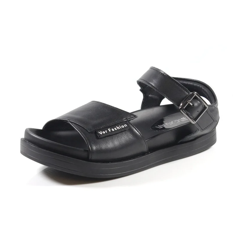 Женские кожаные сандалии черные летние туфли на низком каблуке повседневная
