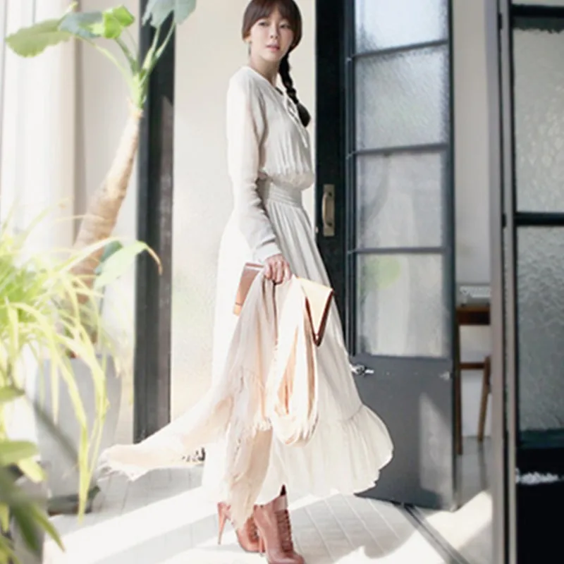 

Fashion Full Sleeve White Dress Women Minimalist Casual Elegant Woman Long Dresses Vintage Midi Clothing Female