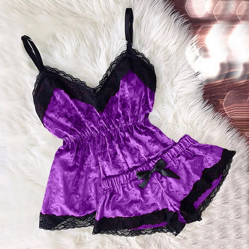 

New Velvet Pajamas Set New Women Sexy Lace Sleepwear Patchwork Lingerie Camisole Bow Shorts V-Neck Pajama Sets Fashion New
