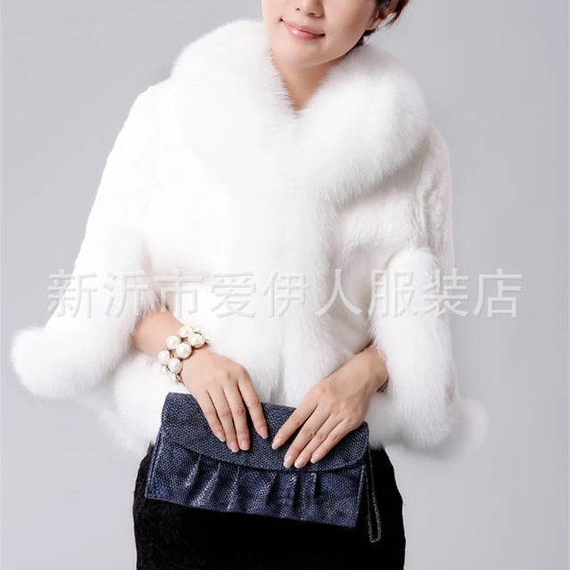 

Quality High Luxurious Winter Women Faux Fox Fur Coat Wedding Bride Faux Fur Poncho gilet fourrure femme chalecos de pelo mujer