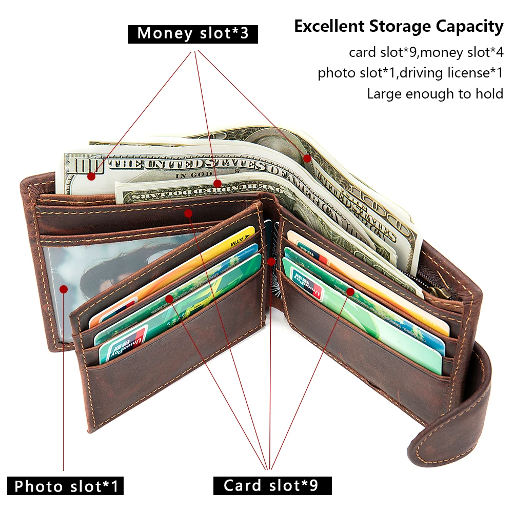 Кошелек мужской из натуральной кожи винтажный кожаный бумажник на молнии