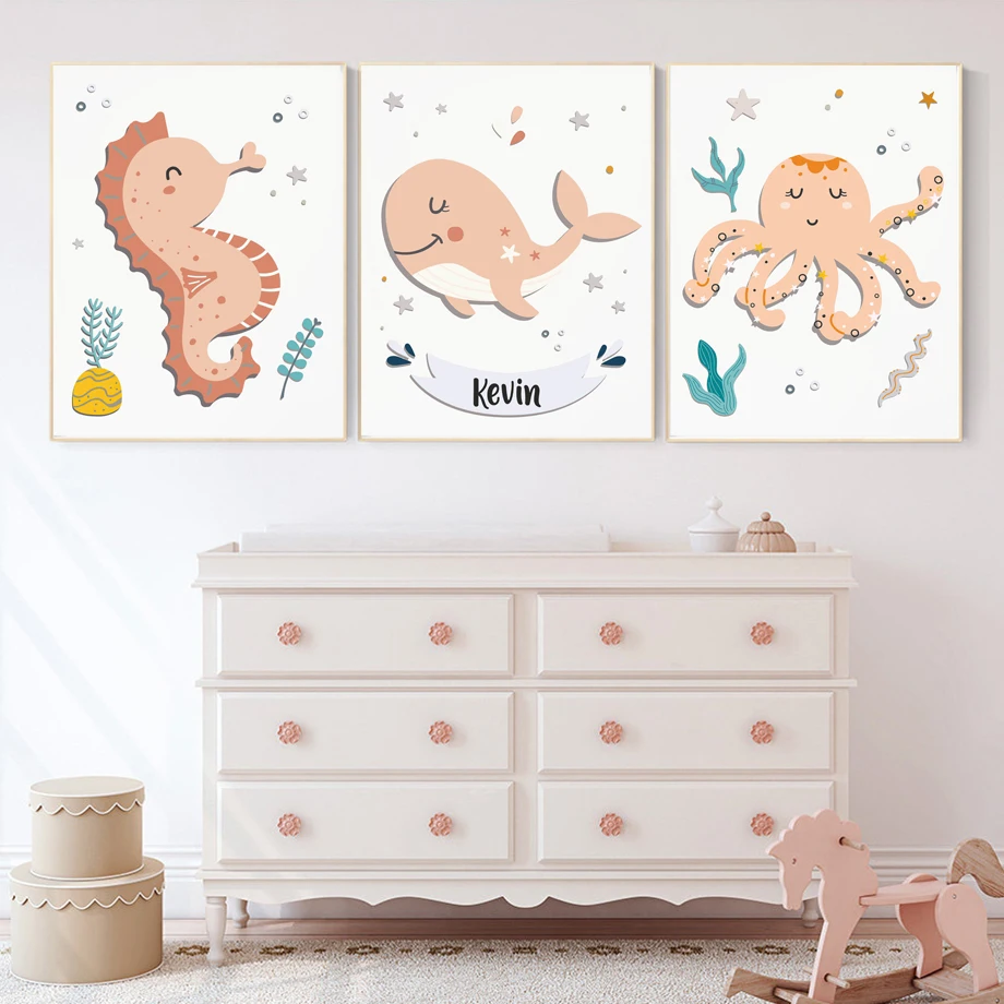 Настенная картина розовое море живопись черепаха дельфин морская лошадь