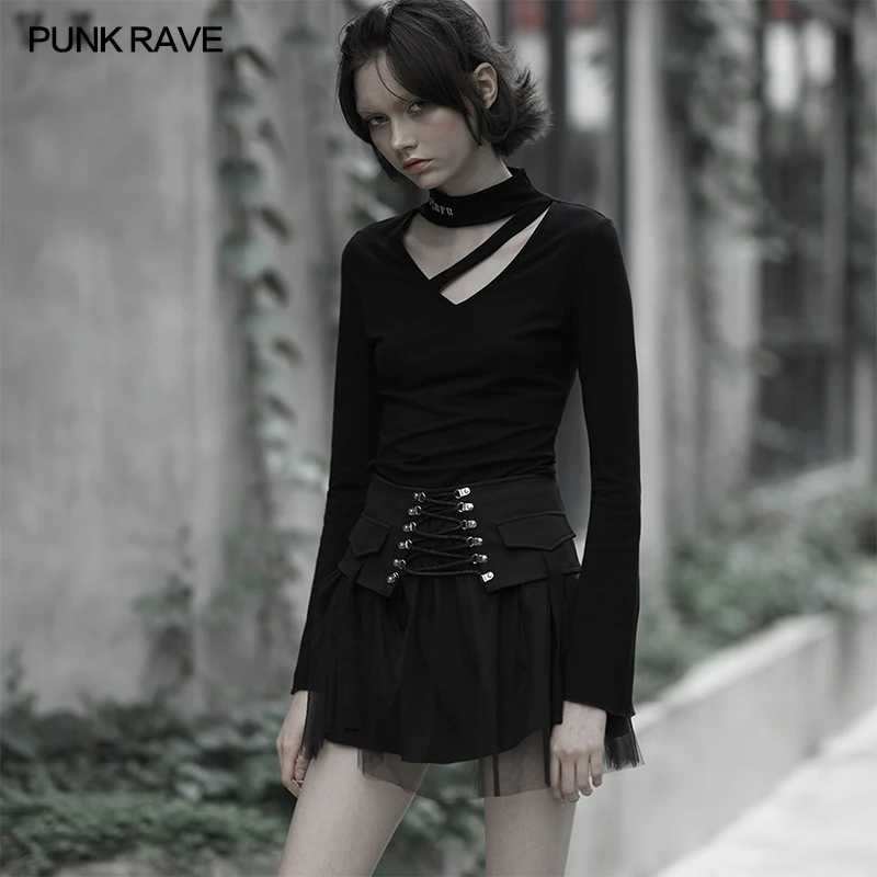 PUNK RAVE Nifty punk mesh plaid female's skirt High-waisted tied with rope women's skirt