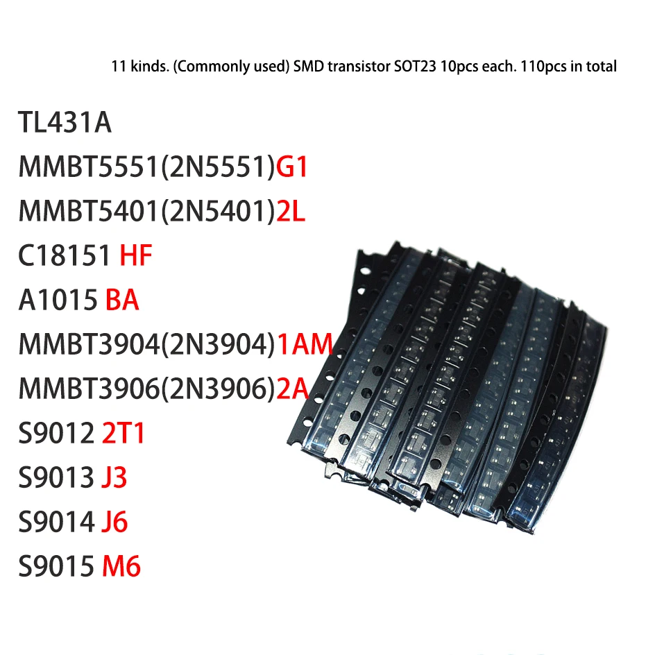 

11 видов (обычно используемых) транзисторов SOT23 упаковки, TL431A 2N5551 2N5401 C18151 A1015 2N3904 2N3906 S9012 S9013 S9014 S9015