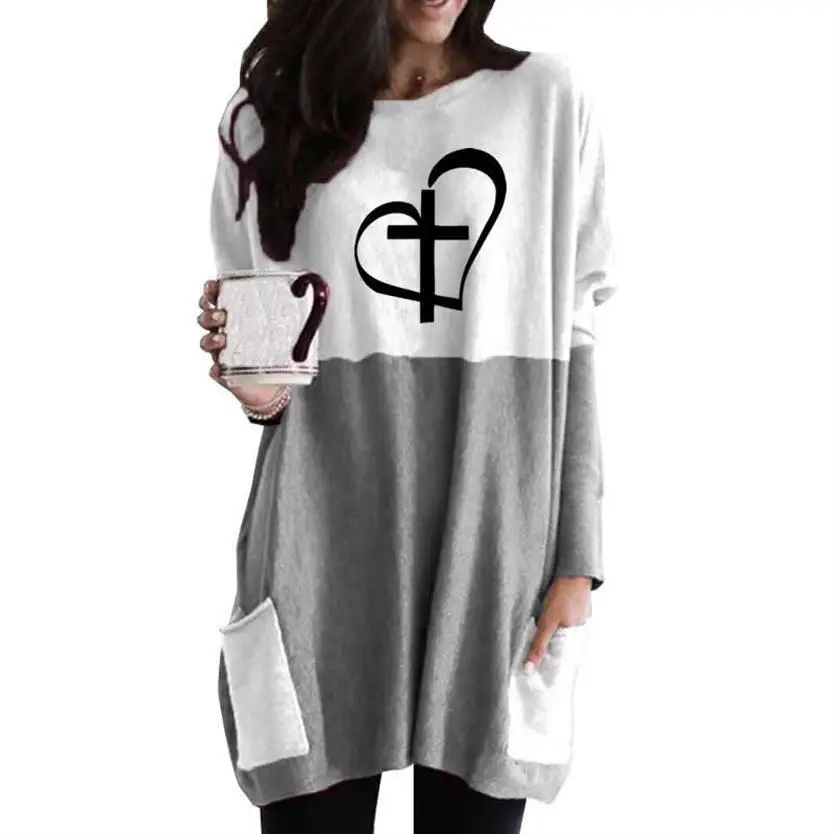 

New Fashion Long Sleeve Stitching Pocket T-Shirt Cross Print Jesus Bible Faith T-Shirt For Women Casual Plus Size Harajuku Top