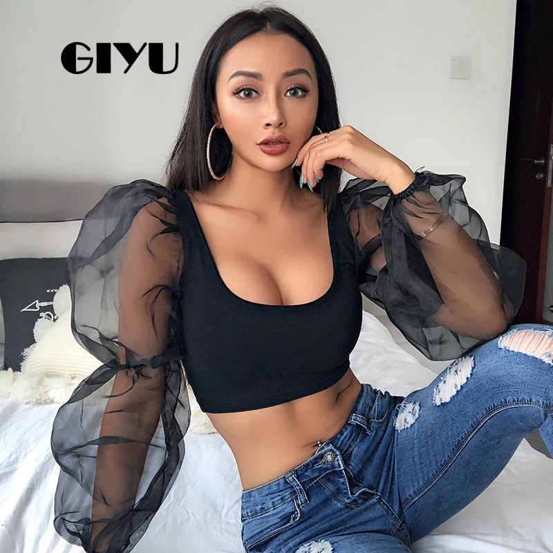 GIYU Однотонная футболка с длинным рукавом сексуальная прозрачная тонкая женская