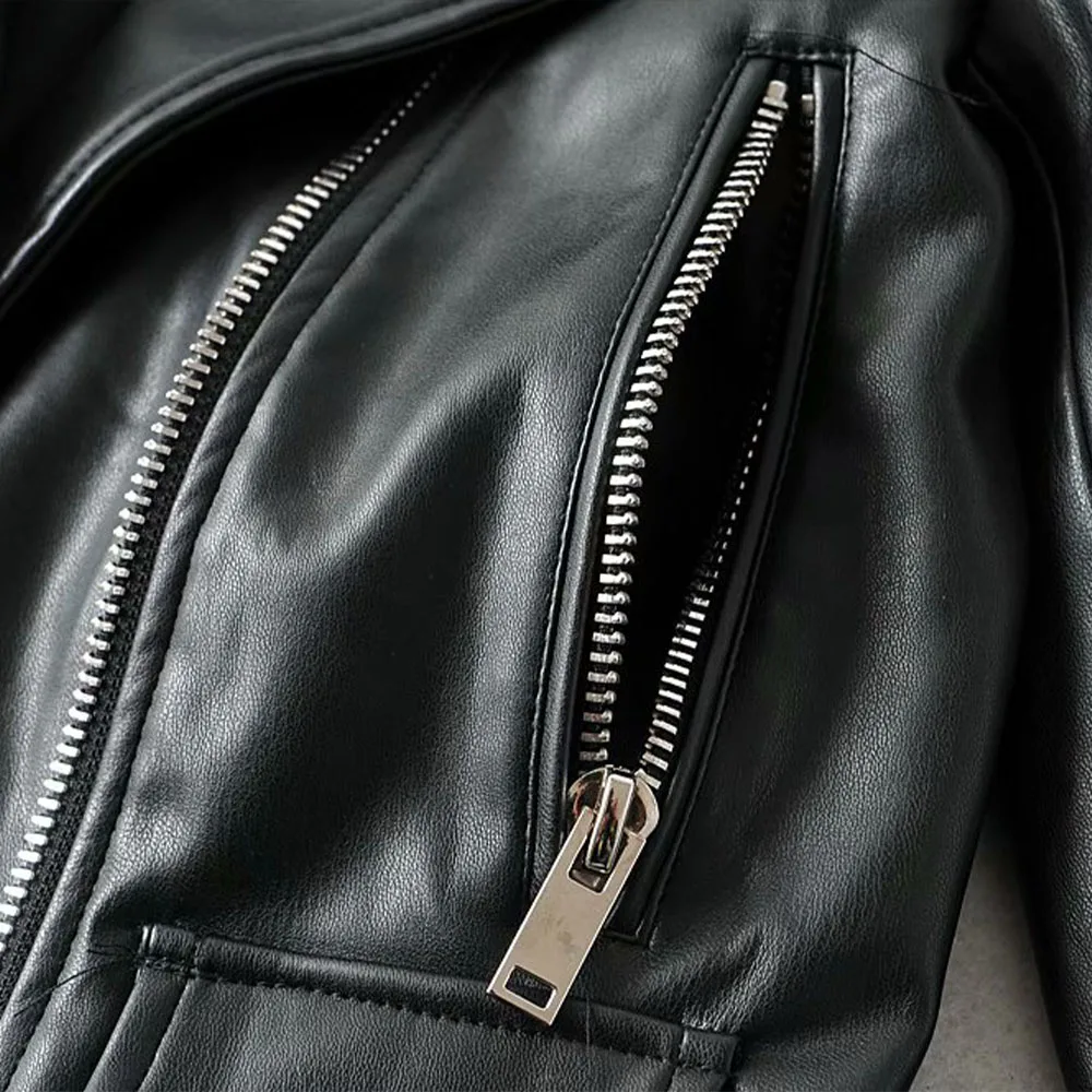 

2021 spring new women's black slim slimming zipper belt long-sleeved lapel fashionable short coat leather jacket