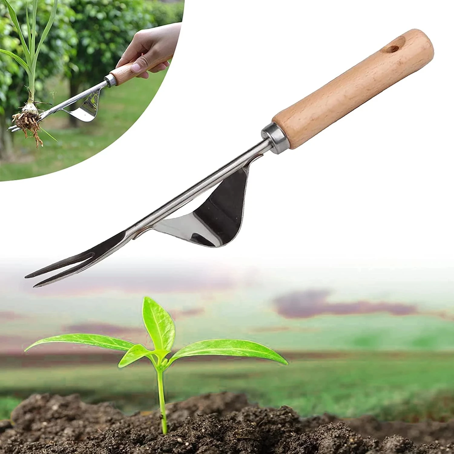 

Stainless Steel Garden Weeder Tool Wooden Handle Weeder Ripper Manual Weeding Gardening Tools Hand Tool