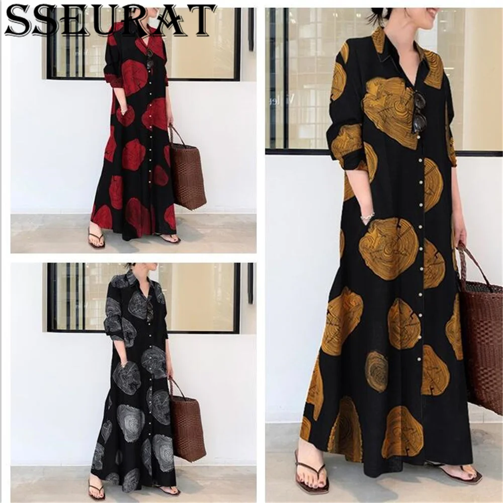 

SSEURAT Plus Size Women Cotton and Linen Dresses Printing Lapel Long Sleeve Pocket Simple Loose Casual Long Shirt
