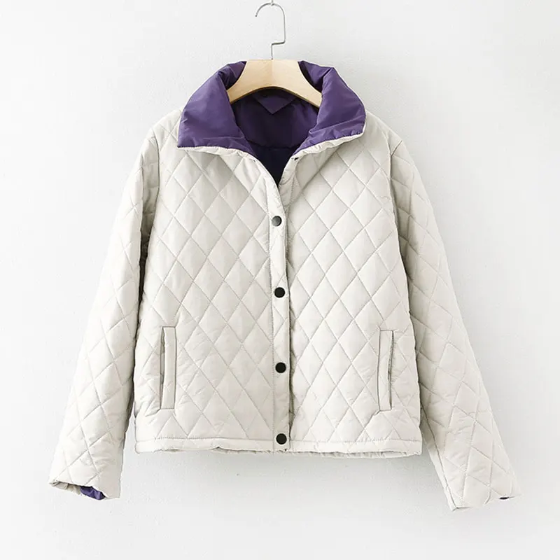

Autumn Winter Woman Parkas Loose Nylon Waterproof And Anti-Static Full Sleeve Short Coats Argyle Jacket Plus Size Outerwear