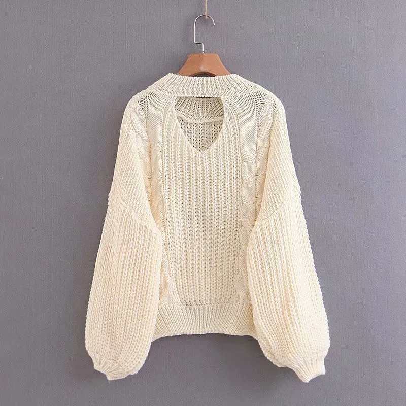 Женский вязаный пуловер повседневный джемпер с вырезами на спине длинным