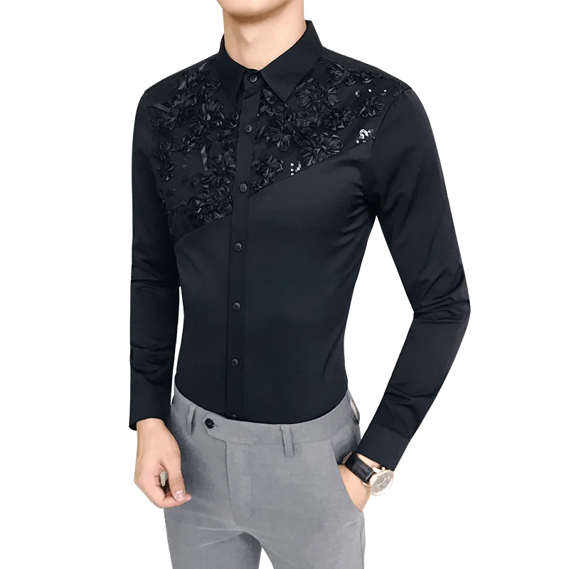 

British Style Men's Shirt Casual Slim Tailoring Men's Sexy Lace Patchwork Shirt Long Sleeve Casual Men's Social Shirt Club Dress